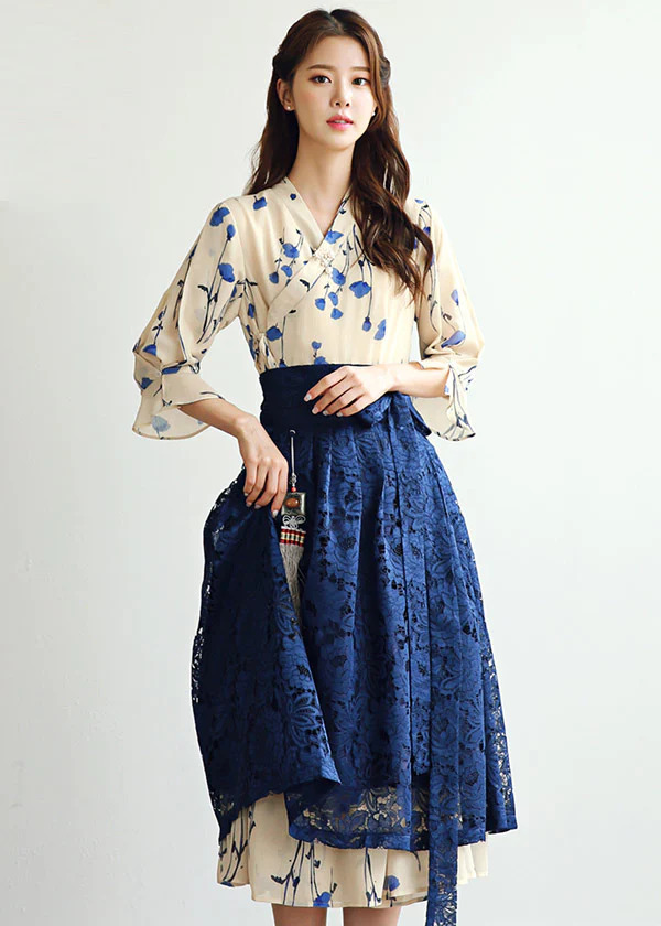 Beige-Hanbok-Blue-Roses-Woman